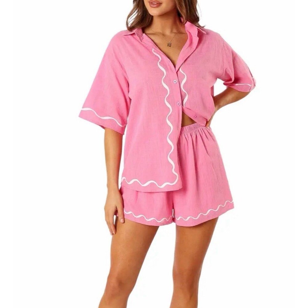 Petal & Pup Sunshine Cotton Button-Up Shirt & Shorts Set in pink